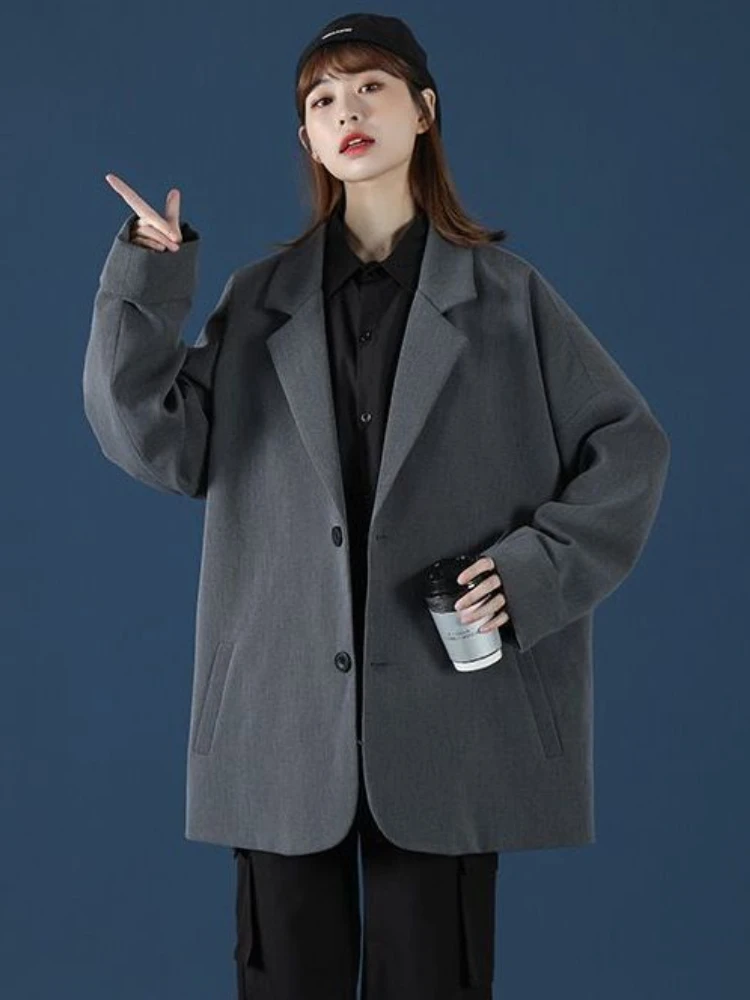블레이저 여성 헐렁한 단순한 옷 우아한 프레피 옷 한국 패션 유니섹스 긴 소매 가을 하이 스트리트 젠틀 노치드 인