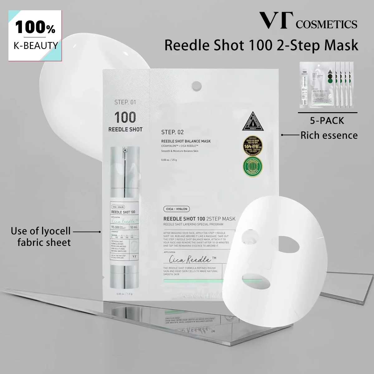 VT Reedle Shot 100 2-Step Mask*5pieces,Intensive Recovery Mask,Glow Mask,Smoothing Care Mask,K-Beauty,Korean Makeup