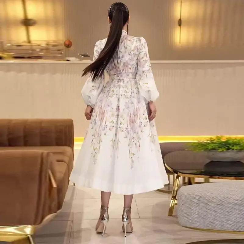 

Elegant Long Sleeve Printed Slim Fit Women's Dress 2025 New Cross-Border Fashion with Belt round Neckline Polyester Material