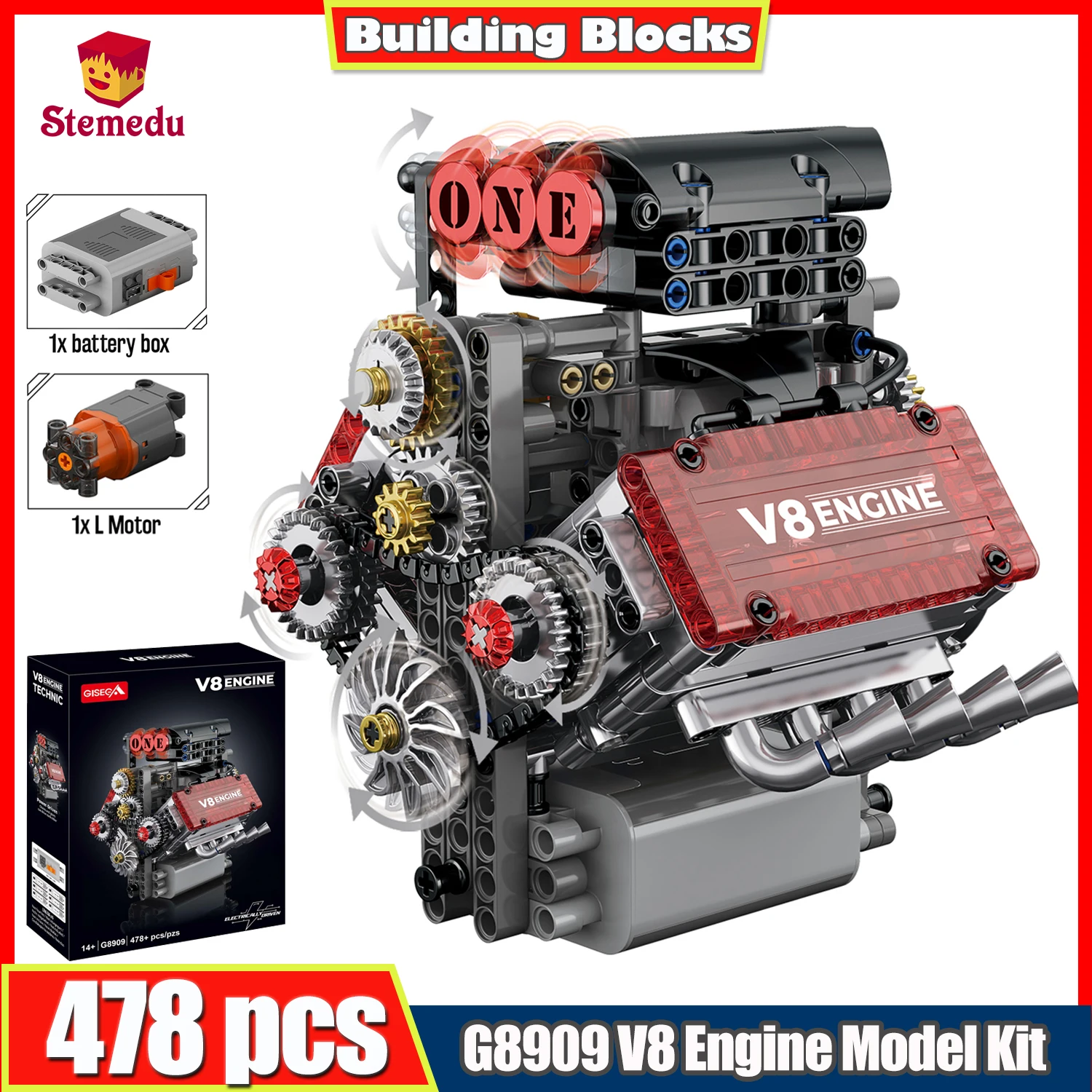 

478pcs V8 Engine Model Kit Building Blocks Mechanical Engine Model Electric Power STEM Engineering Toy for Teens and Adults