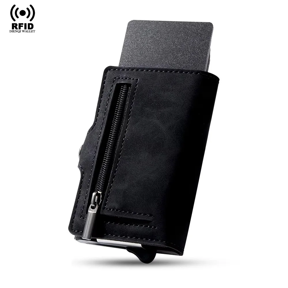 

Pop Up Metal Wallet RFID Credit Card Holder Pu Leather Slimwallet Cardholder Aluminum Case Wallet for Men with Zipper Pocket