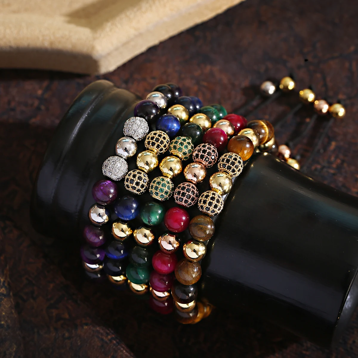 Luxury Green CZ Zircon Ball Weaving Bracelet for Women Men Natural Crystal Tiger Eye Yoga Bracelets Adjustable Wrist Jewelry