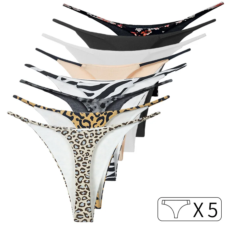 5Pcs Cotton G String Leopard Women Panties Sexy Briefs Thong Low Waist T-back Underwear Seamless Lingerie Size S-XXL