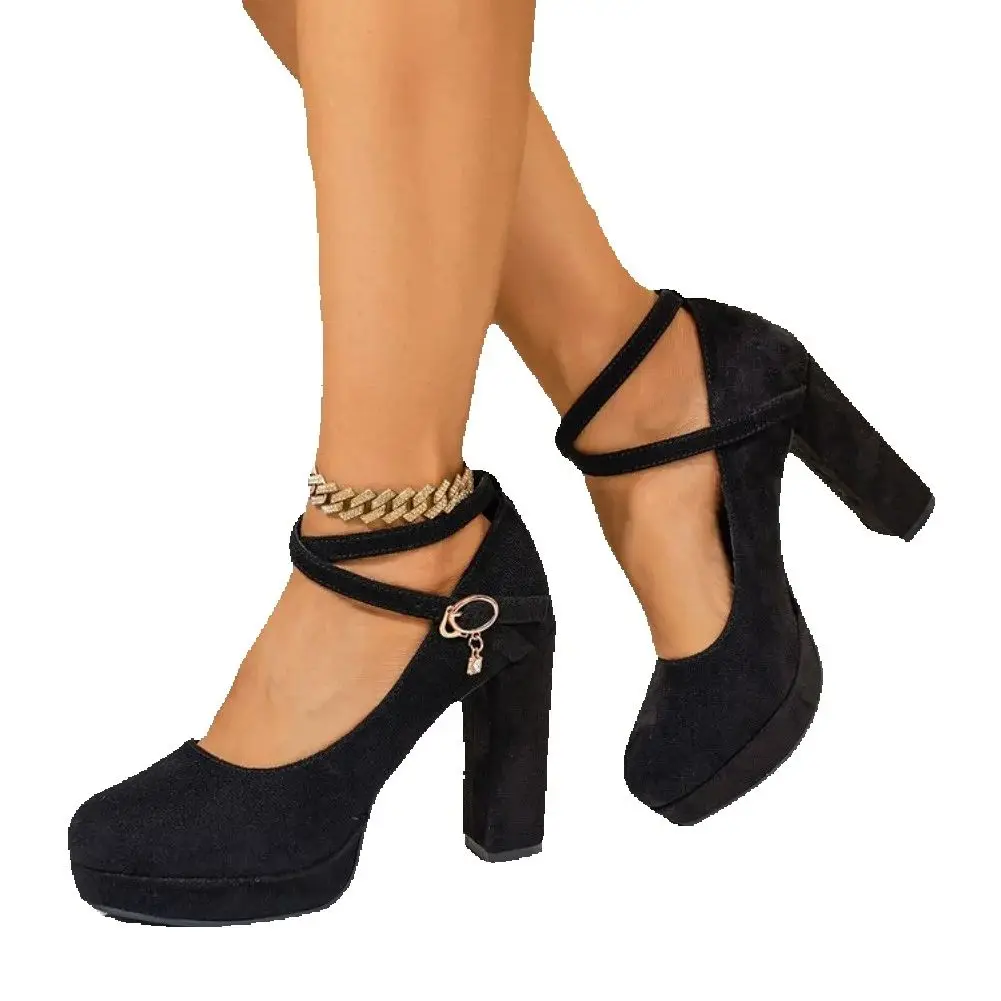 

Women's Brown Faux Suede Mary Jane Pumps with Crystal Ankle Strap Chunky High Heel Thick Platform Party Footwear