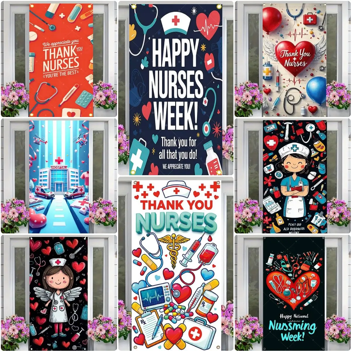 

National Nurses Week Decor Backdrop Door Hot Selling Thanks to Nurses Medical Party Supplies Nurses Day Hospital Decor Poster