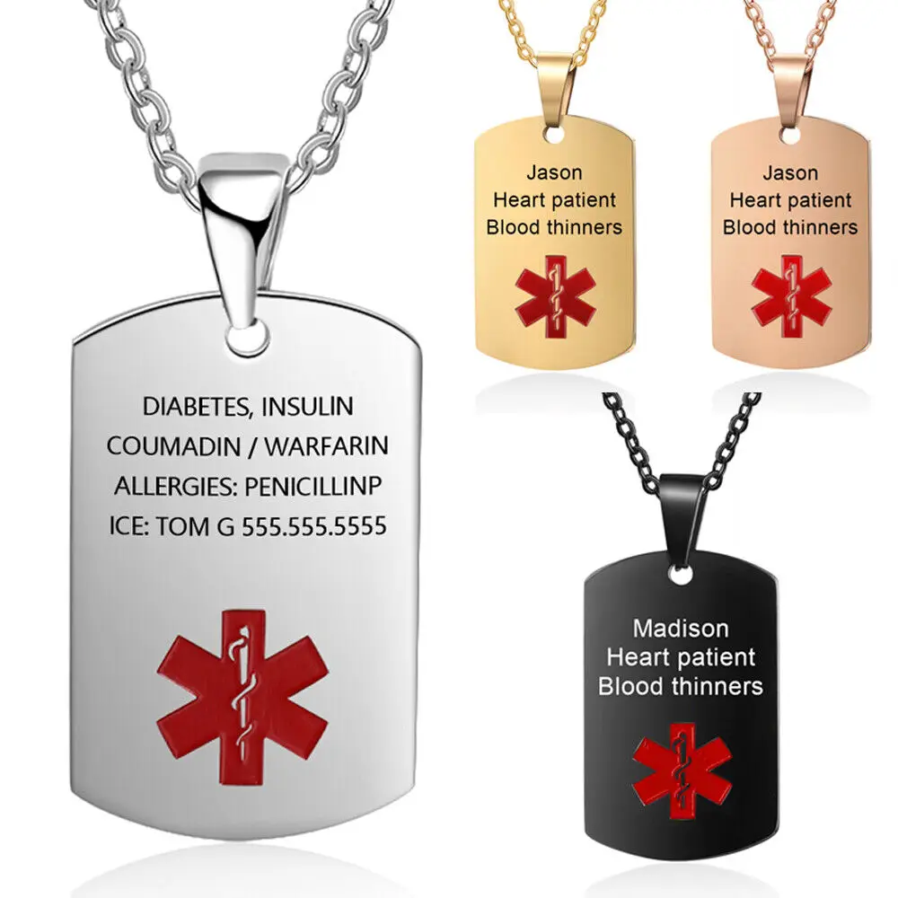 Personalized Medical Alert Necklaces Dog Tag Diabetes Type 1/2 ICE SOS Stainless Steel Jewelry Engraving Pendant Customized