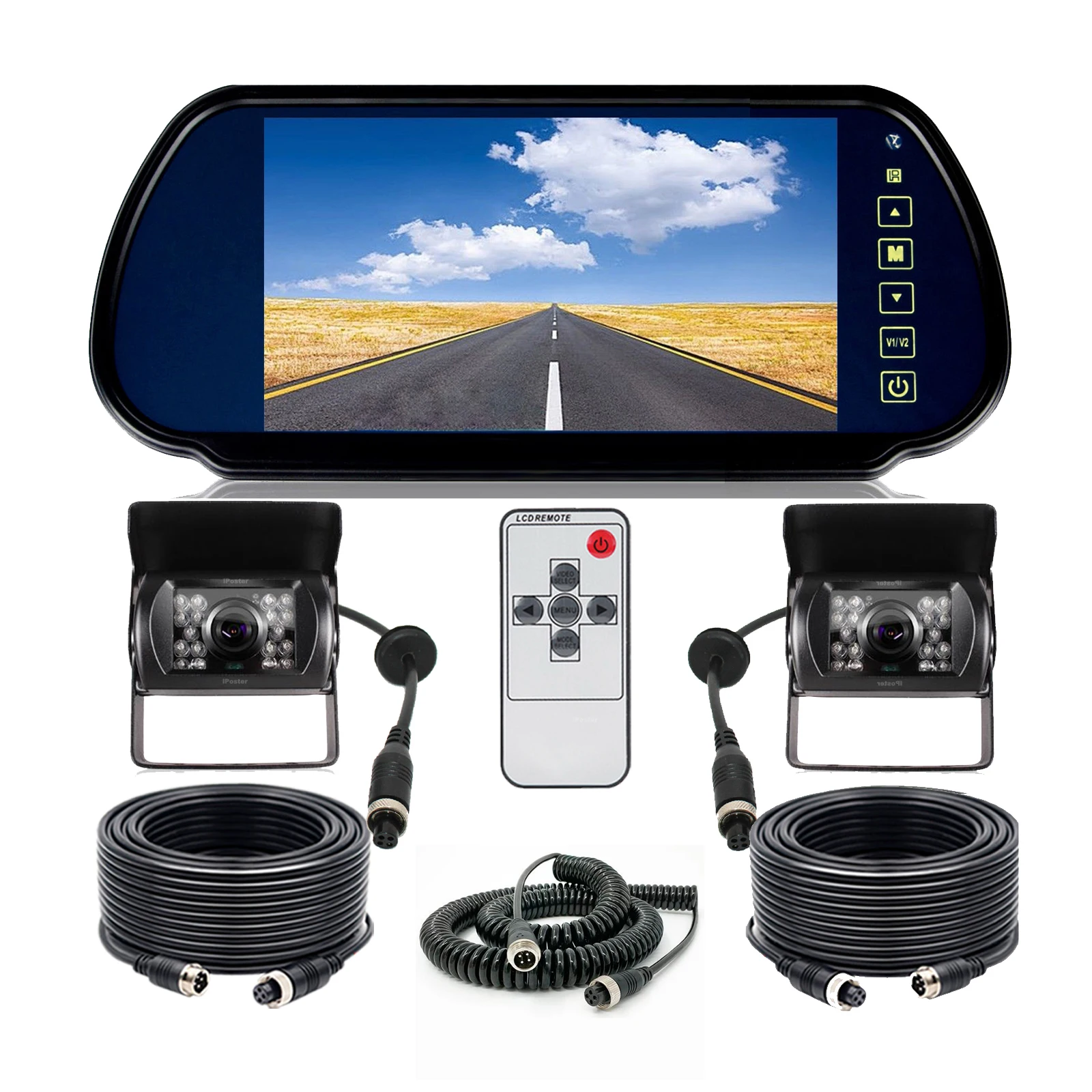 

iPoster 7" Rear View Mirror Monitor 12-24V+2x IR Reversing CCD HD Camera with 2x10m+1x5m Spring Video Cable For Trailer Caravan