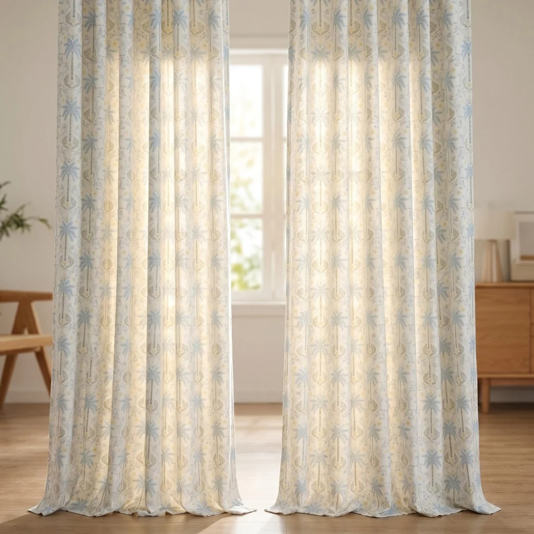 

Light blue coconut tree jacquard chenille curtain French pastoral bedroom full shading custom floor curtain