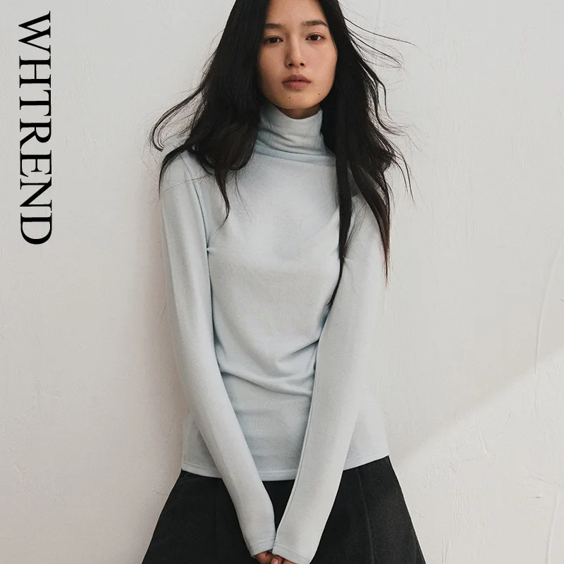 

WHTREND шерстяная базовая рубашка для женщин, осенне-зимняя лиоцелла, облегающий топ с высоким воротом, модная внутренняя футболка WH1618