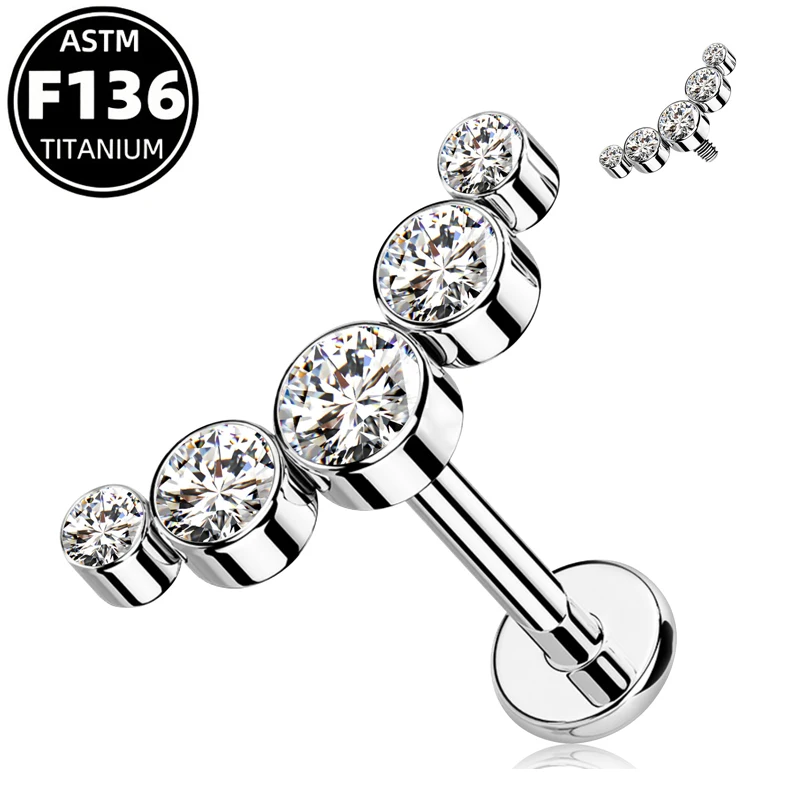 ASTM F136 Titanium Ear Stud, 18G/16G Internally Threaded Clear CZ Earring Helix Cartilage Lip Ring Labret  Body Piercing Jewelry
