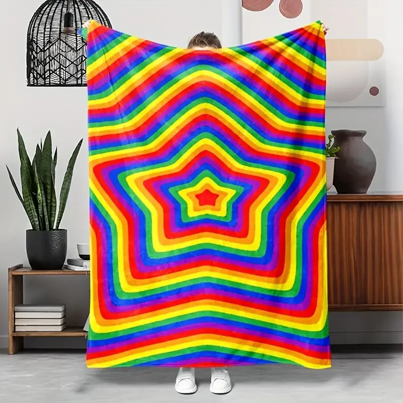 

Фланелевое одеяло с радужным звездным узором, легкий и мягкий подарок, одеяло для сна, подходит для кровати, дивана, кемпинга, путешествий.
