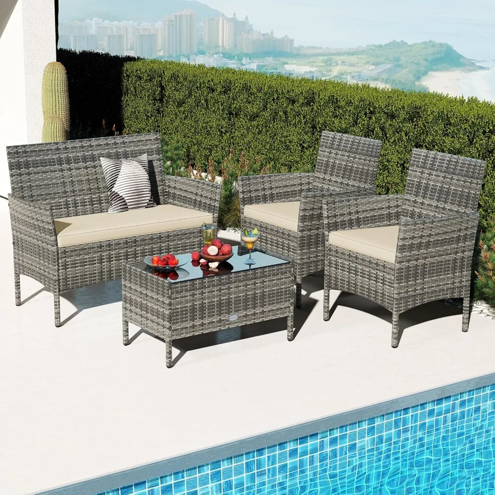 

4-piece set of terrace furniture, outdoor willow conversation set, rattan chair, cushioned sofa, and glass table