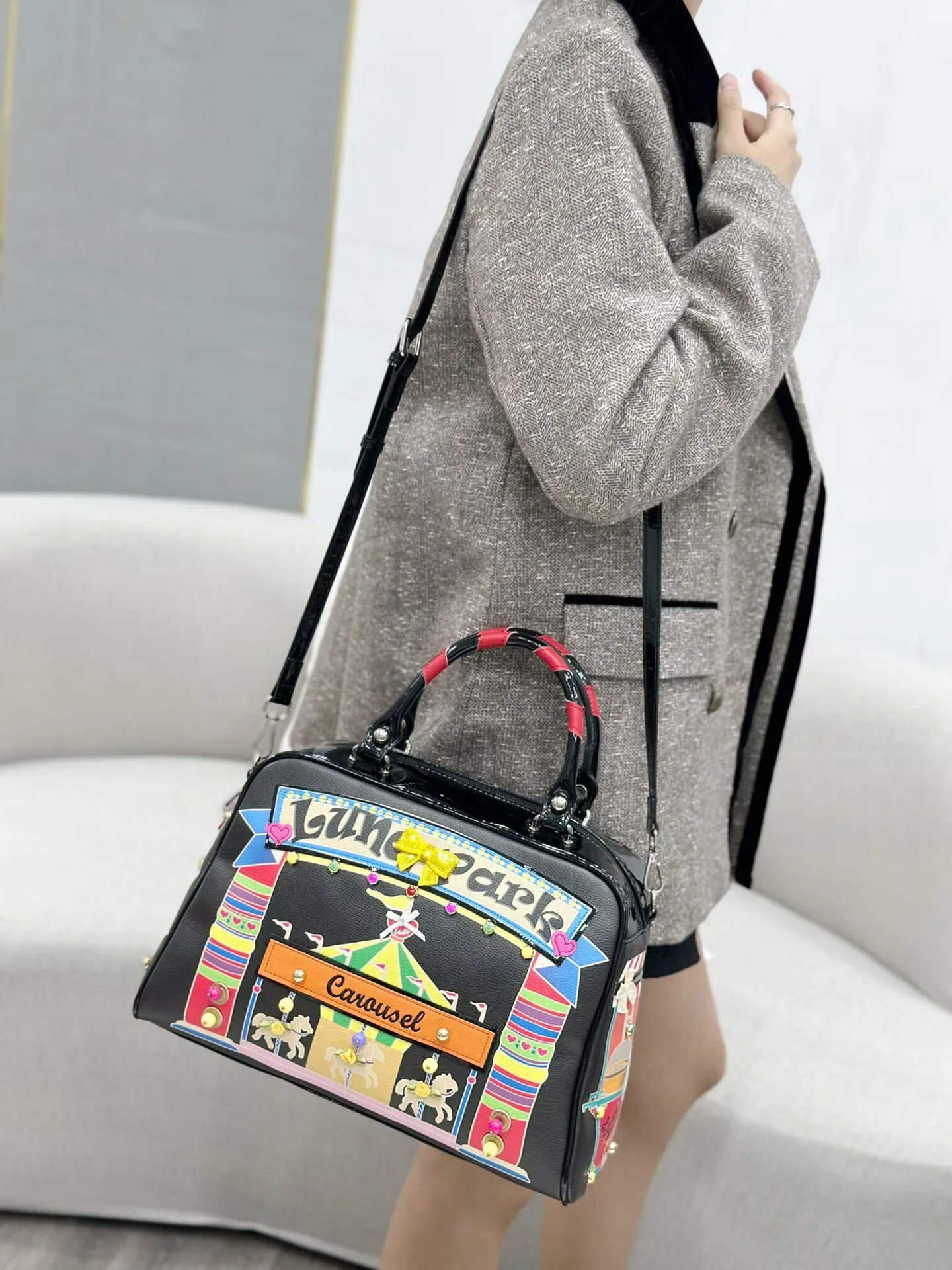 Women's handbag Fashion Color Blocking Splicing Printed Shoulder Bag Creative Ferris Wheel Printed Large Capacity Crossbody Bag