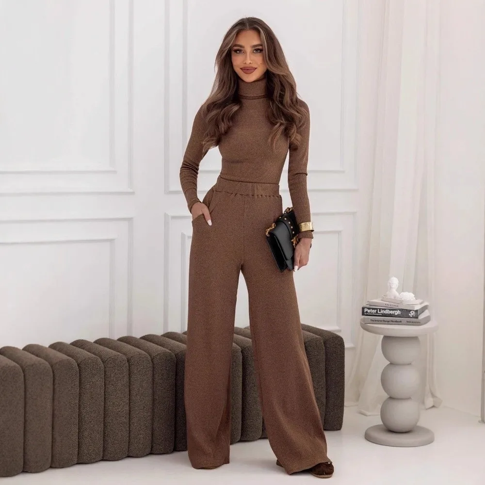 Fashion Trousers Women's Suit 2025 Autumn Winter Temperament Suit High-neck Knitted Pullover + Wide-leg Trousers Two-piece Set