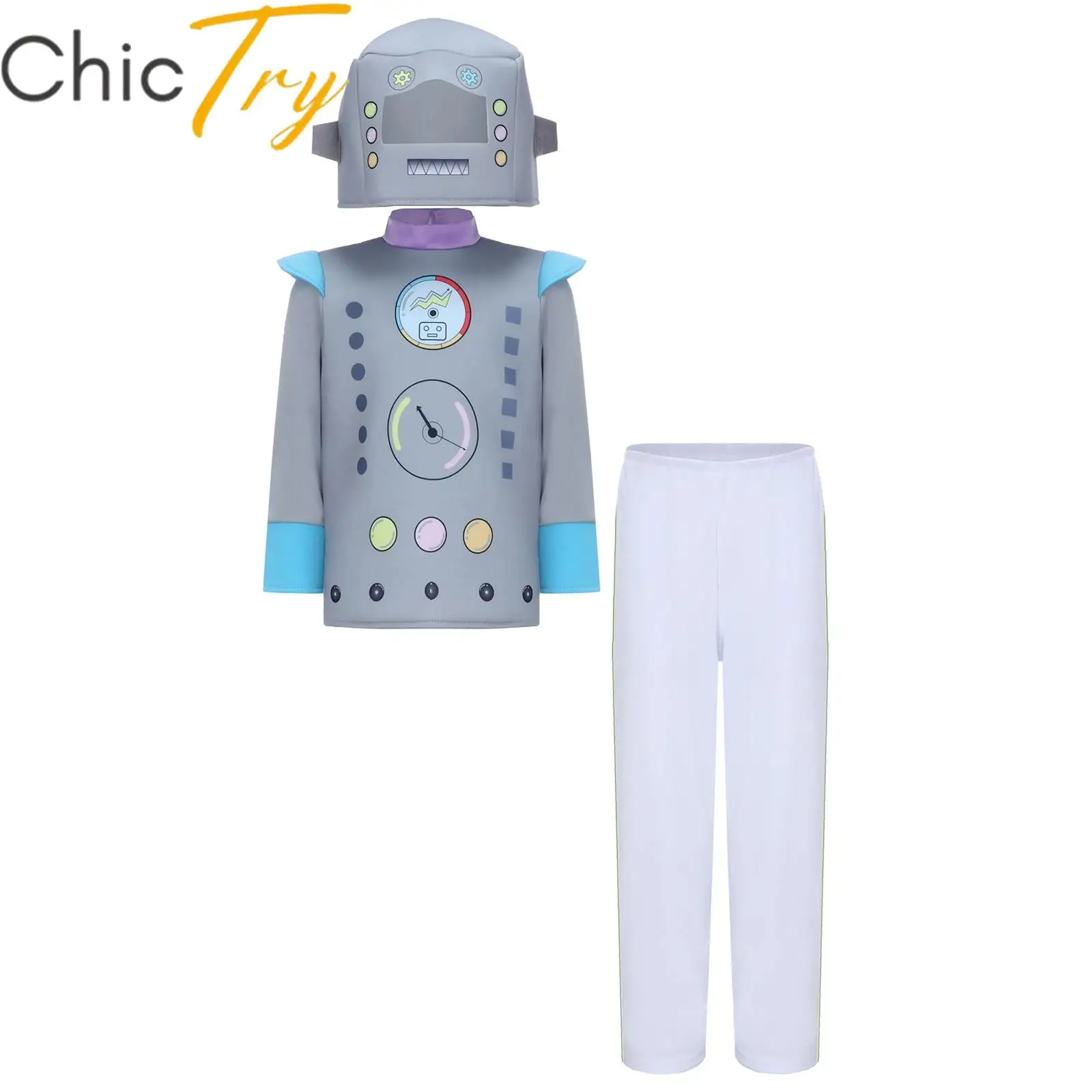 

Kids Boys Girls Robot Costume Long Sleeve Colorful Printed Top and Robot Headgear Pants for Cosplay Halloween Themed Parties