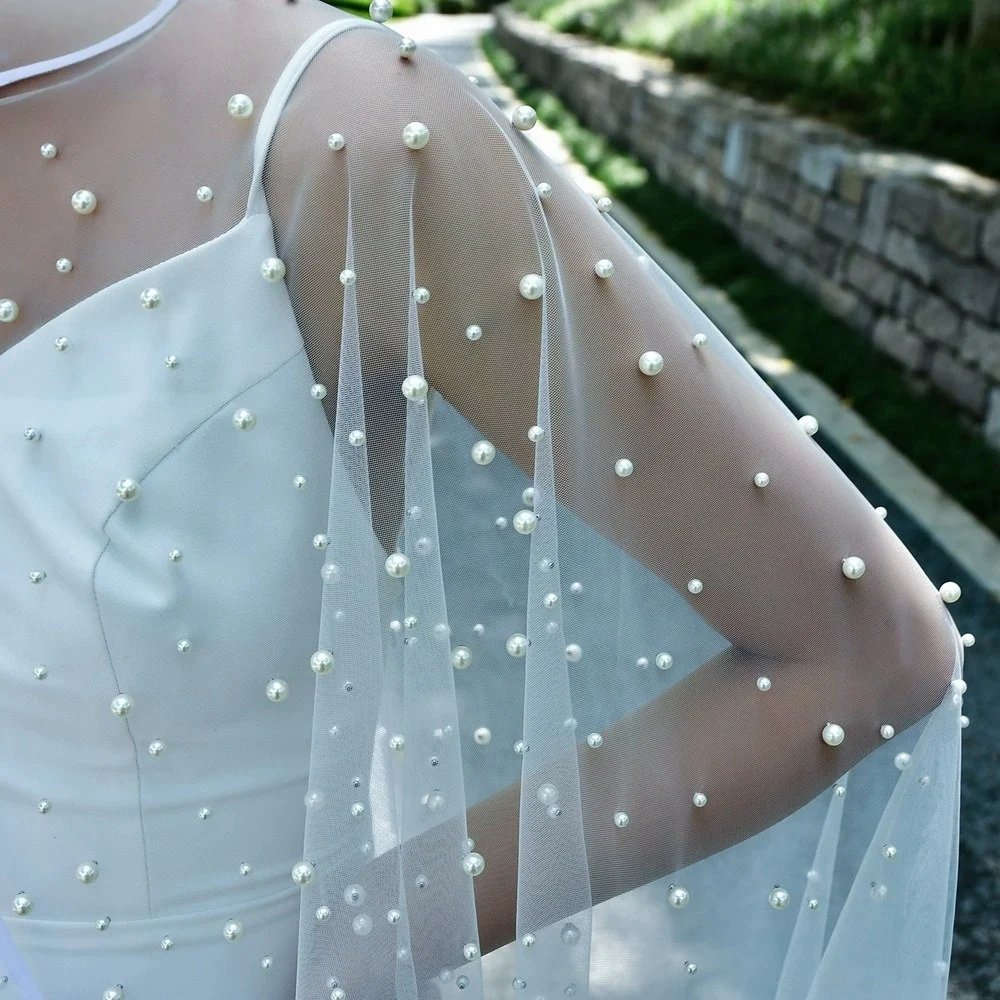 Pearl Cape Wedding Sun Protection Tulle Shawl Summer Women's White Hemmed Cape Jacket Accessory Outerwear
