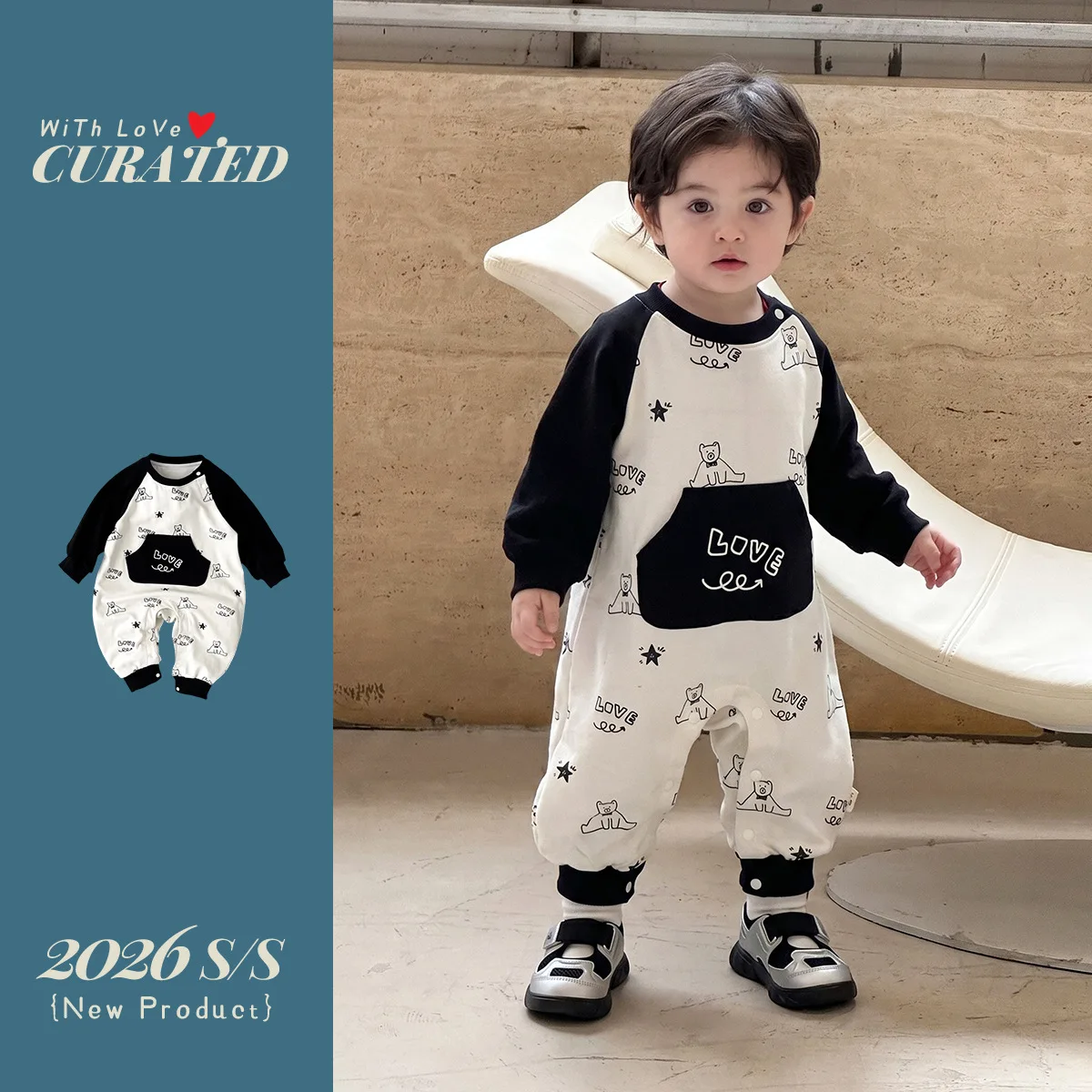 Male Baby Autumn Jumpsuit 2026 Newborn Simple Style Cartoon Print Crawling Suit Black and White Shoulder Long Sleeved Shirt