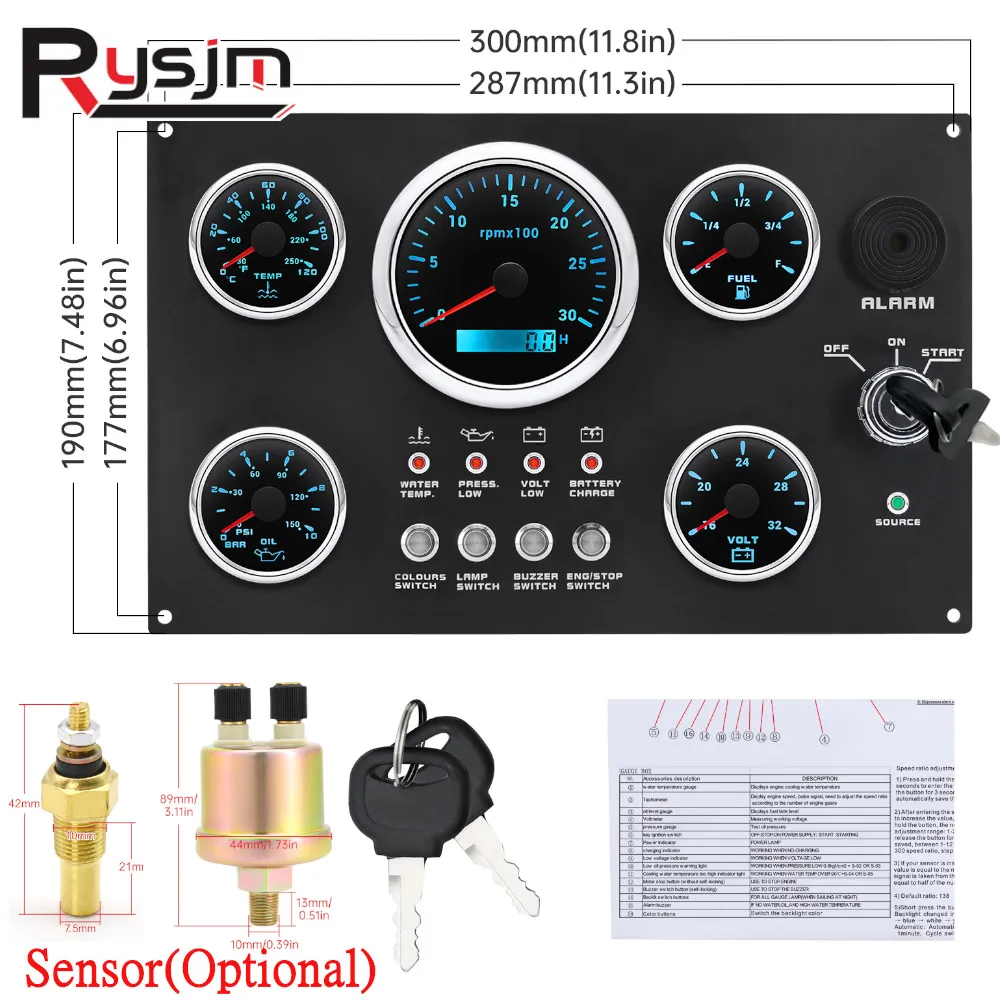 Car Boat Diesel Engine Inboard Outboard Instrument Panel with 5 Gauge Set 85mm GPS Speed Meter Tachometer Fuel Oil Pressure Volt