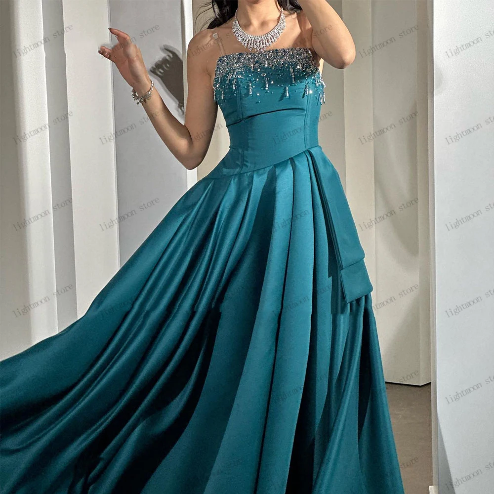 Elegant Evening Dresses A-Line Satin Tiered Prom Dress Beading Appliques Strapless High Slit Robes Pretty Vestidos De Noche 2024