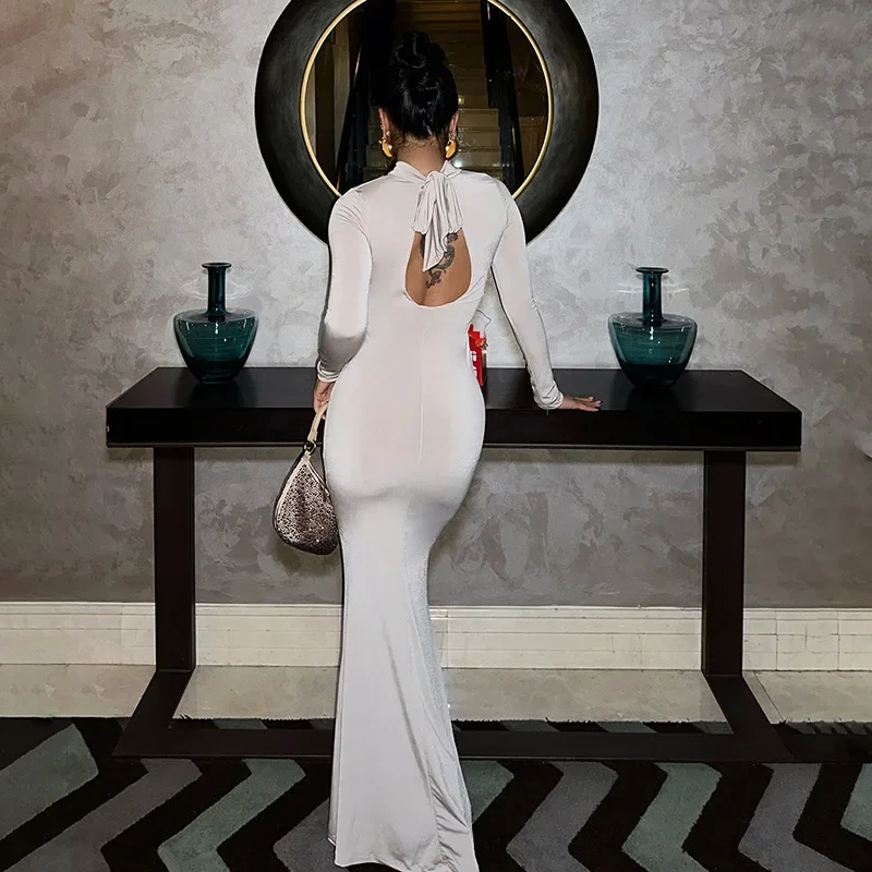 

White Sexy 3D Flower Hollow Out Long Sleeve Tight Fit Prom Dress Backless Women's Temperament Long Dresses Evening Vestidos