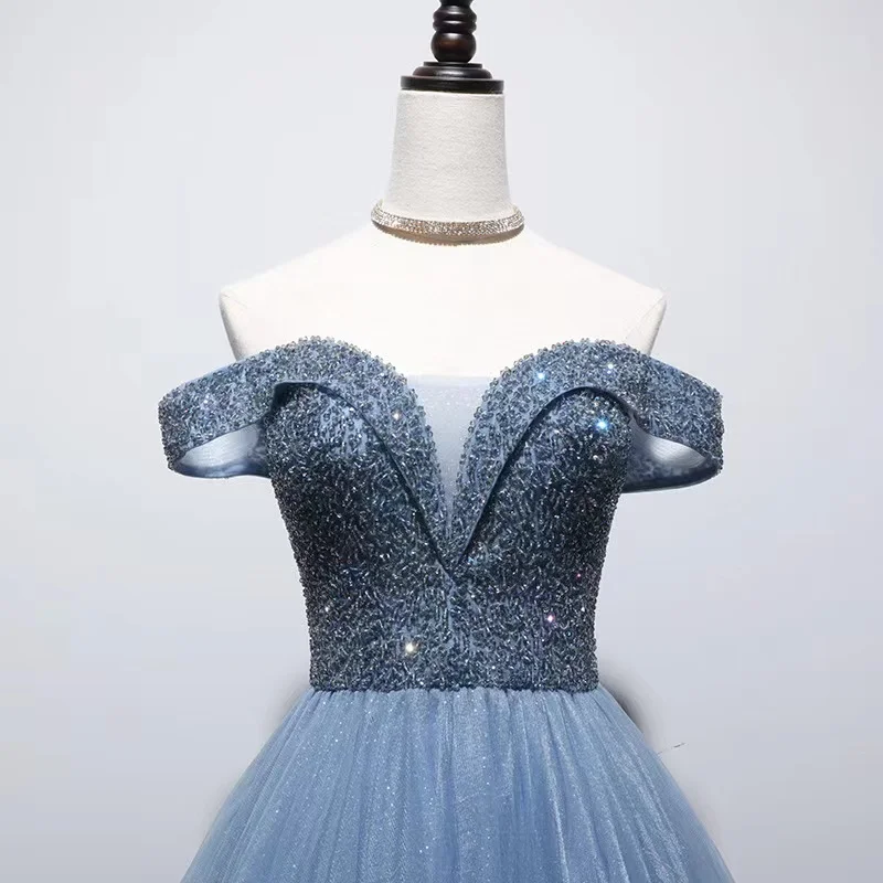 Palace Blue-vestidos de baile de graduación con hombros descubiertos, línea A, lujo, cuentas brillantes, tul con cordones en la espalda, vestido de noche para dama de honor, nuevo