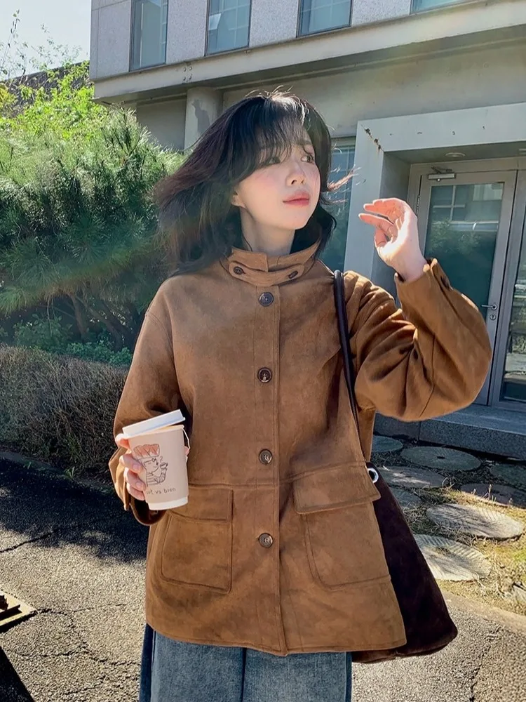 

Замшевая ветровка в стиле ретро, осень-зима, женская повседневная свободная верхняя одежда на одной пуговице, длинный воротник средней длины