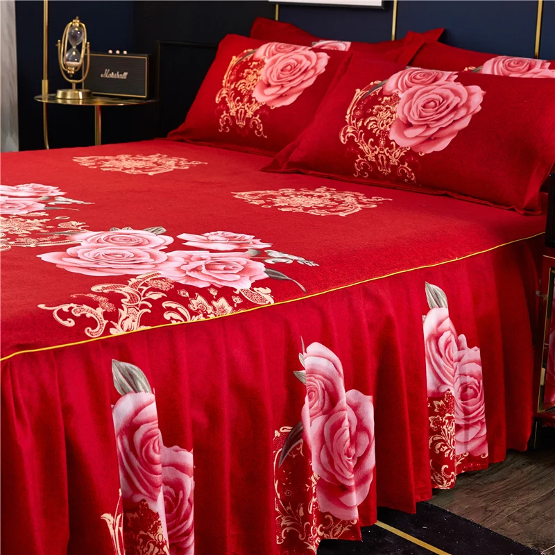 Rose Wrap Around Bedskirt Romantic Floral Bed Skirt Soft Microfiber 3 Side Coverage Gathered Ruffled Bed Sheet with Pillowcases