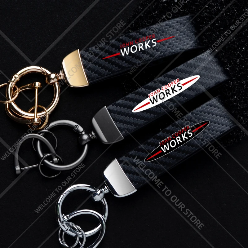1 pçs chaveiro do carro jcw logotipo para mini cooper s r55 r56 r58 r59 f60 clubman widget ornamentos metal fibra de carbono couro chaveiro