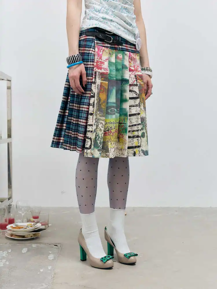 Women's Midi Skirts Tie Dye 2000s Aesthetic Harajuku Japanese Contrast Color Goblin Core American Retro High Street Design New