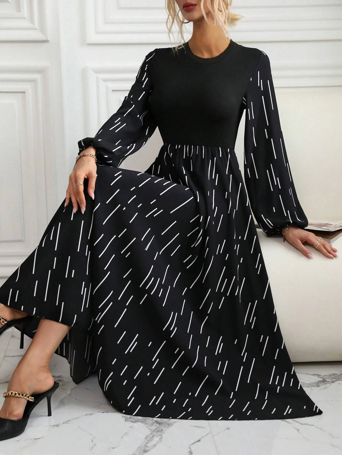 Dress Women Elegant Party Frauen Bekleidung Spring Summer Vacation Dress Women's Spliced ​​Round Neck A-Line Printed Long Dress