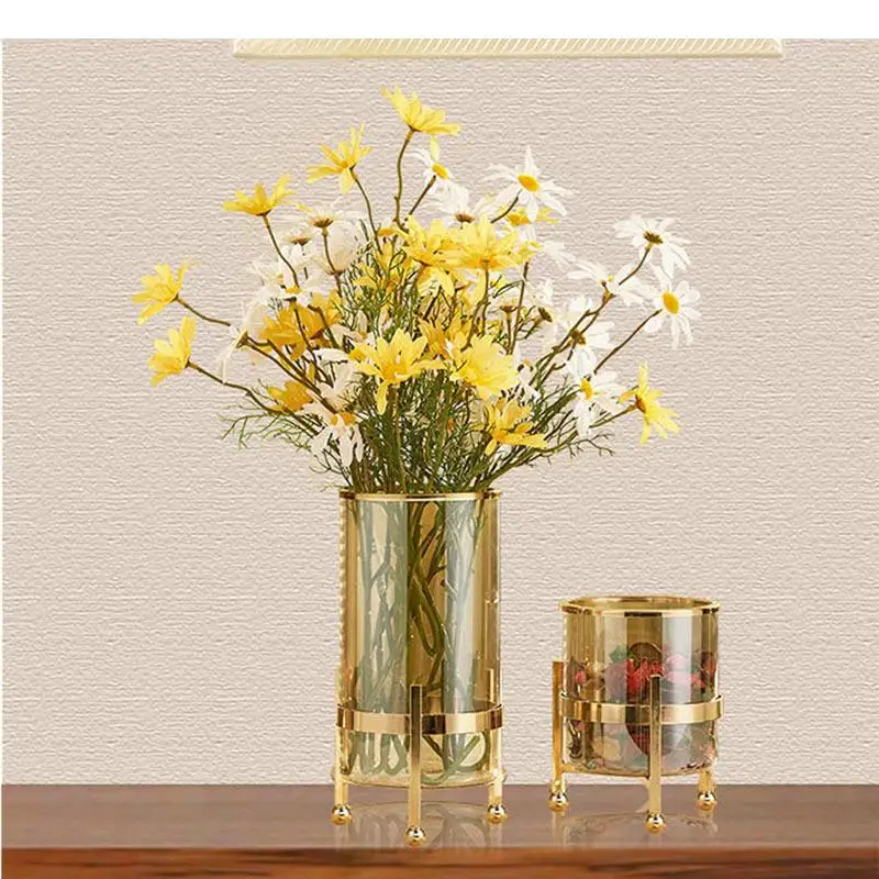 Clear Glass Vase Flower Arrangement Metal Rack Golden Hydroponics Handicraft Decoration Retro Home