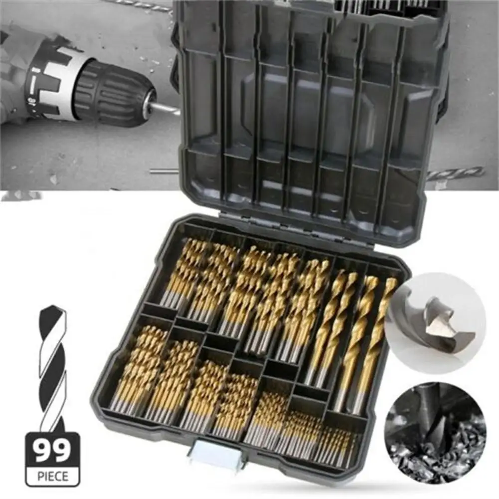 

99pcs 1/16"-3/8" Twist Drill Bit Set Anti-rust Wear-resistant High-speed Steel Titanium Coated Drill Bit Working Tools