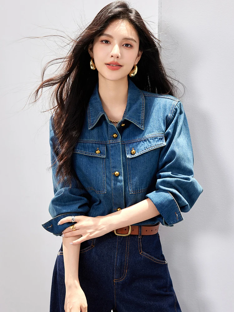 Korean Style Casual Loose Retro Long-Sleeved Denim Shirt Women 2024 New Simple Fashion Commuter Denim Coat Tops