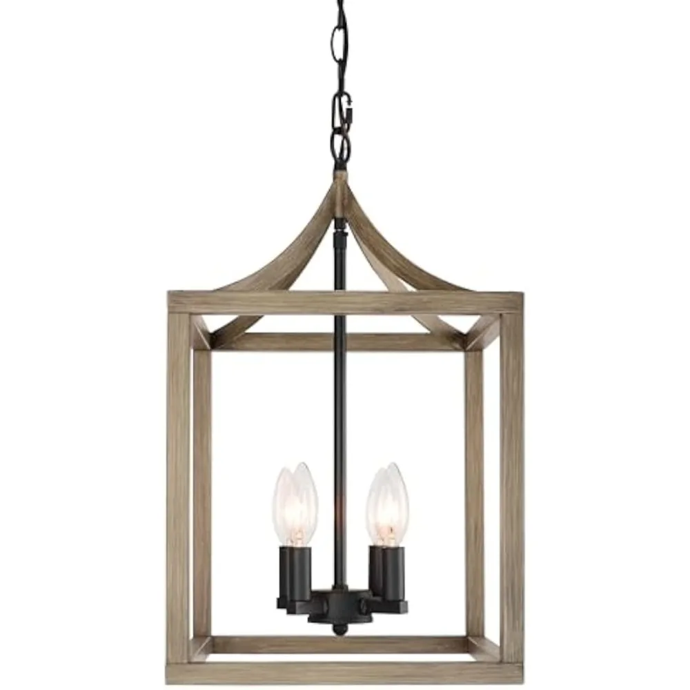 Rustic 4-Light Farmhouse Chandelier, Wood-Tone Metal Cage, Adjustable Chain, E12 Base, Perfect for Entry, Kitchen, Indoor Spaces