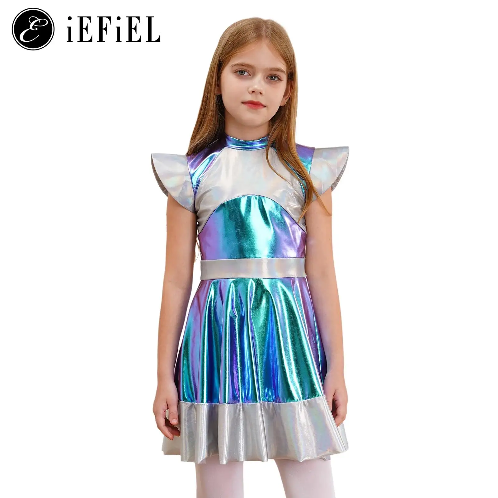 

Girls Shiny Alien Outerspace Halloween Cosplay Costume Fling Sleeve Gradients A Line Tutu Dance Dress for Future World Party