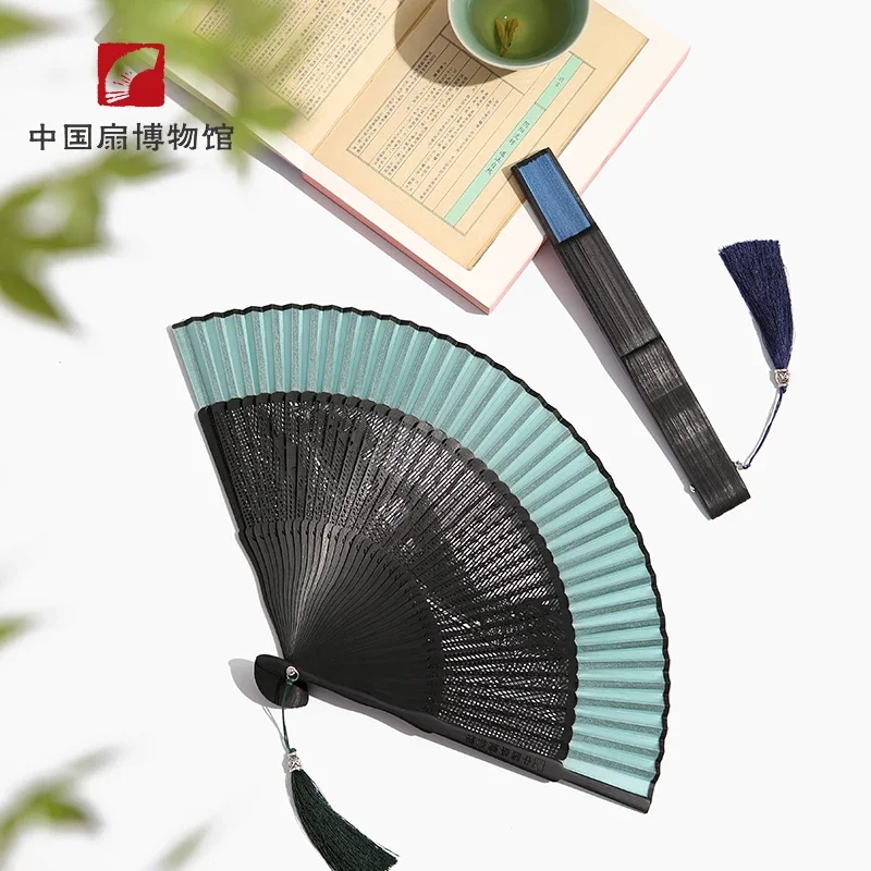 [Chinese Fan] Black bone silk hollow folding fan with tassels as a cultural and creative gift fan