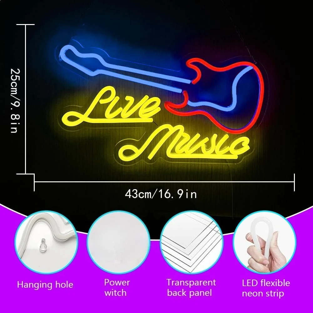 Guitar Neon Sign USB Powered LED Light for Music Studio Bar Gaming Room Bedroom Decor Birthday Christmas Gift Art Wall Light