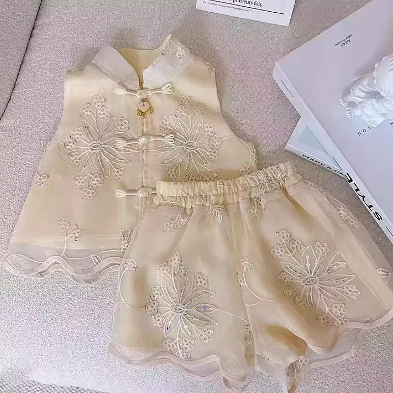 

Girls Set Chinese Style Clothing 2025 Summer New Girls New Chinese Style Sleeveless Top Shorts Two Piece Set