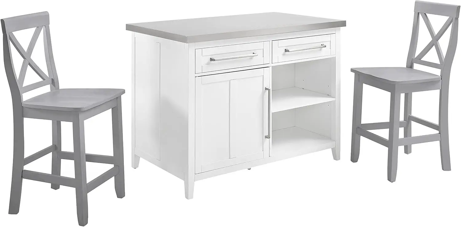 Crosley Furniture Silvia Kitchen Island with Stainless Steel Top and X-Back Stools, White/Gray