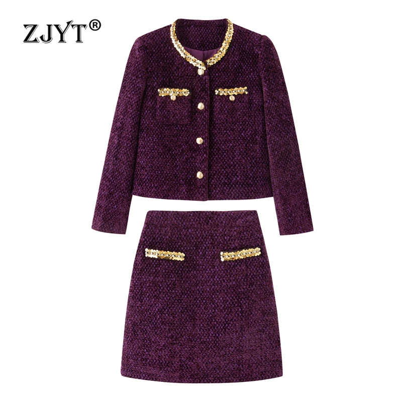 

ZJYT Autumn Winter Women's Sequined Tweed Woolen Jacket Suit with Skirt 2 Piece Set Elegant Outfit Office Lady Party Dress Sets