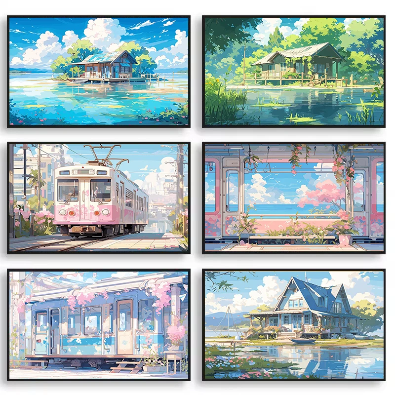 

Aestheticism Anime Scenes Posters Sakura Tram Train Ocean View Landscape Prints Diamond Painting Wall Art Picture for Home Dec
