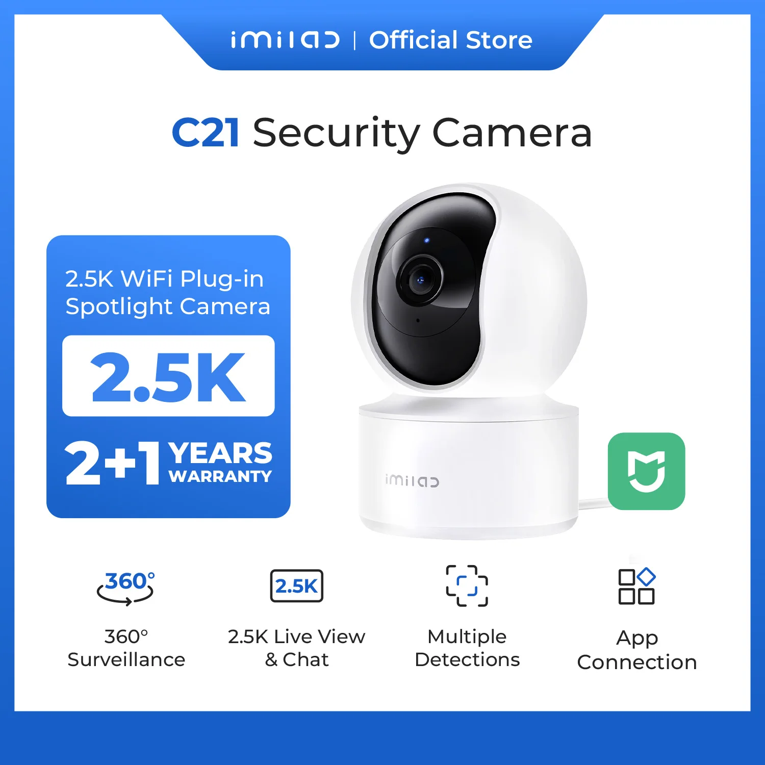 IMILAB C21 2.5K IP Security Camera MiHome App 360° Night Vision Baby Monitor with App, 2-Way Audio, AI Detection