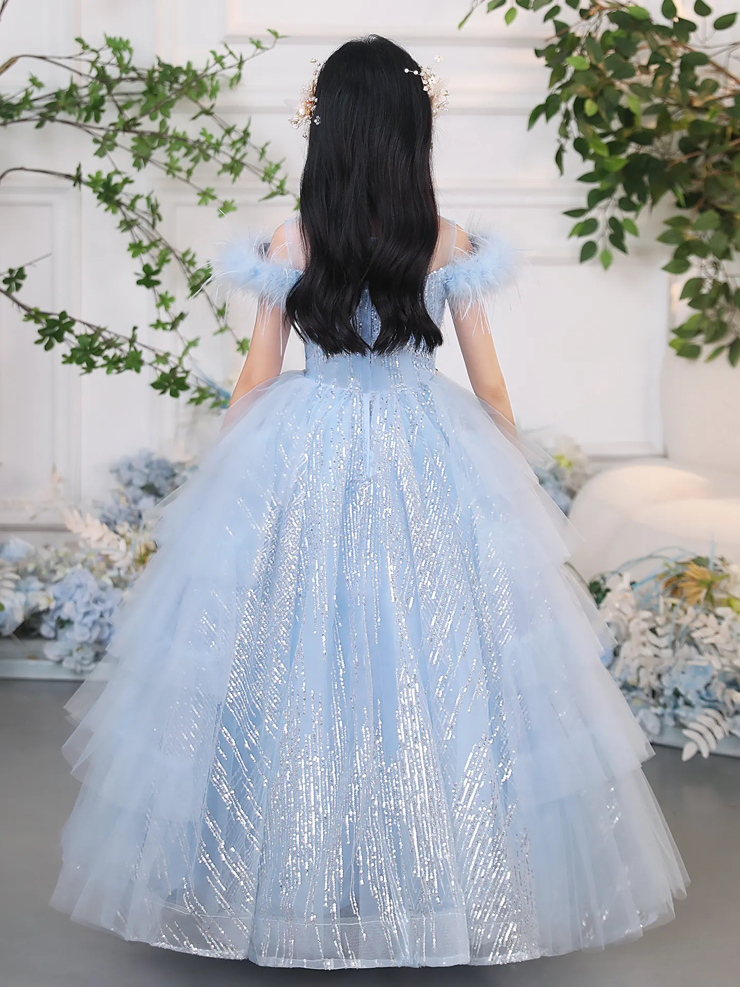

Custom Flower Girl Dress Wedding Dress First Christmas Party Dress Sheer Neck Feather Sequin Glitter Tulle Ball Gown for Girls P