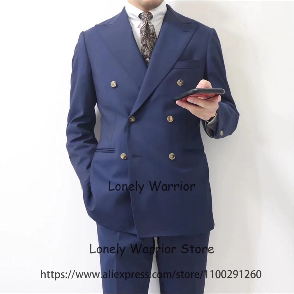 

Fashion Navy Blue Mens Suits Double Breasted Formal Business Blazer Slim Fit Peak Lapel Banquet Tuxedo 2 Piece Set Costume Homme