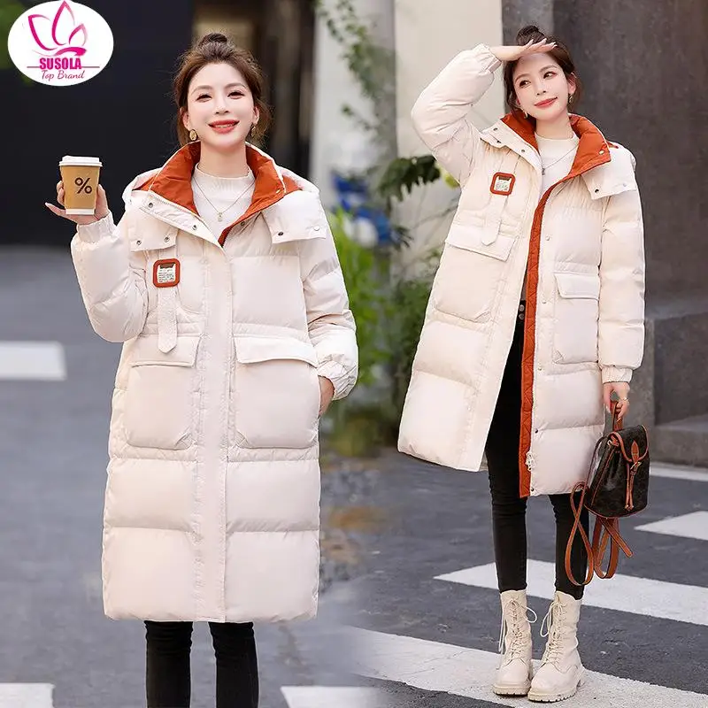 SUSOLA Knee length down jacket for women's Korean version loose and thickened warm 90 white duck down hooded jacket for winter