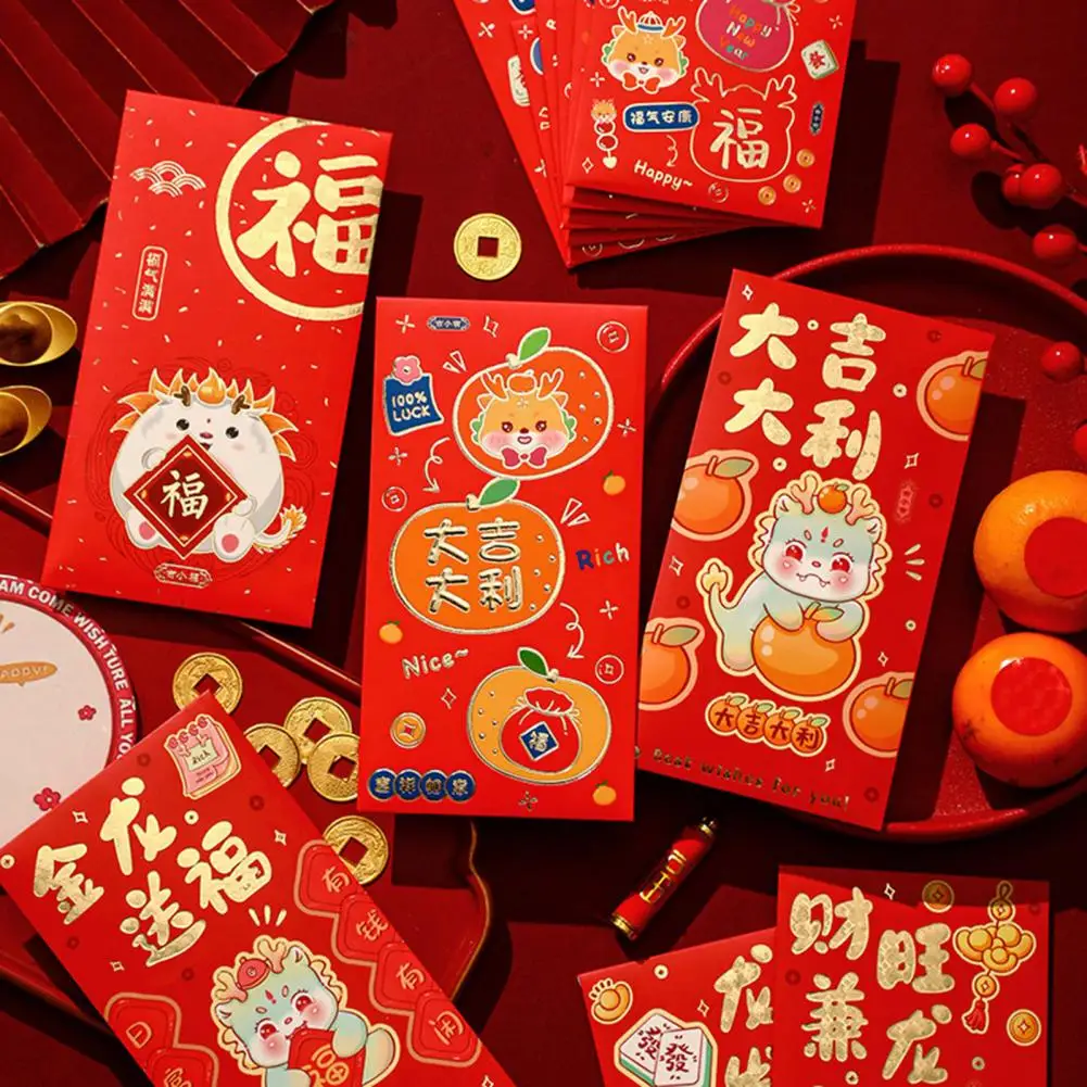 6 Pcs Year of The Dragon Red Packet Cute Cartoon Design Blessings-themed Easy to Seal Special Occasion Red Envelopes