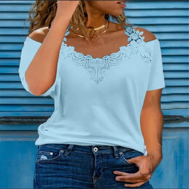 Summer Short Sleeve Sexy Lace Shirt Women New Fashion Casual V Neck Loose T Shirt Ladies Hollow Sling Elegant Pullover Tops