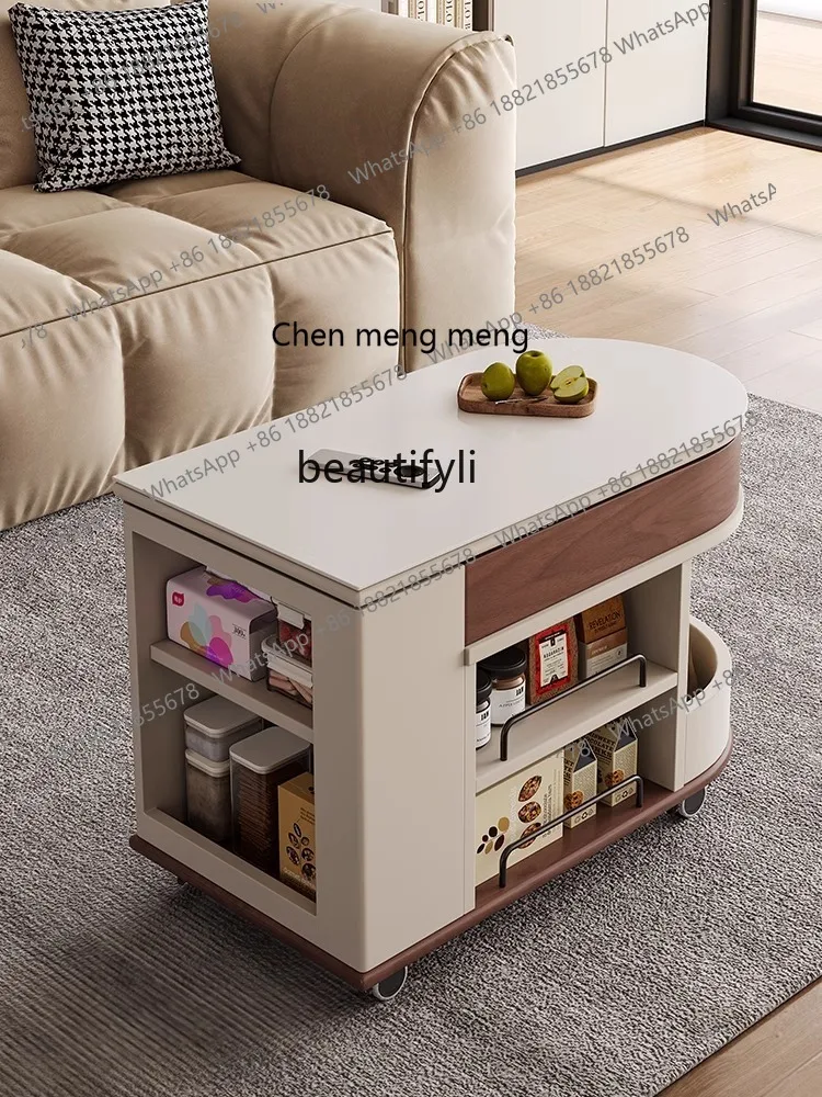 X   Movable Coffee Table Living Room Multifunctional Trolley Tea Cart Sofa Stone Plate Lifting Side Table