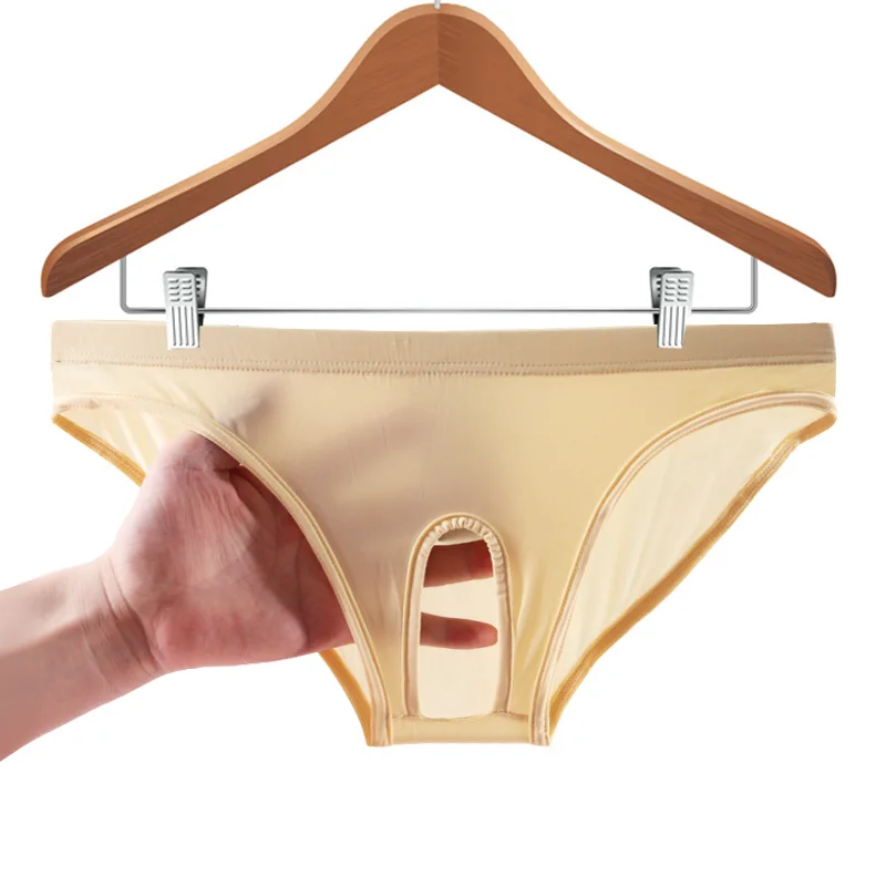 Yezimei-Sous-vêtement à entrejambe ouvert pour homme, culotte audio basse pour adulte, sous-vêtement sexy en soie glacée creuse