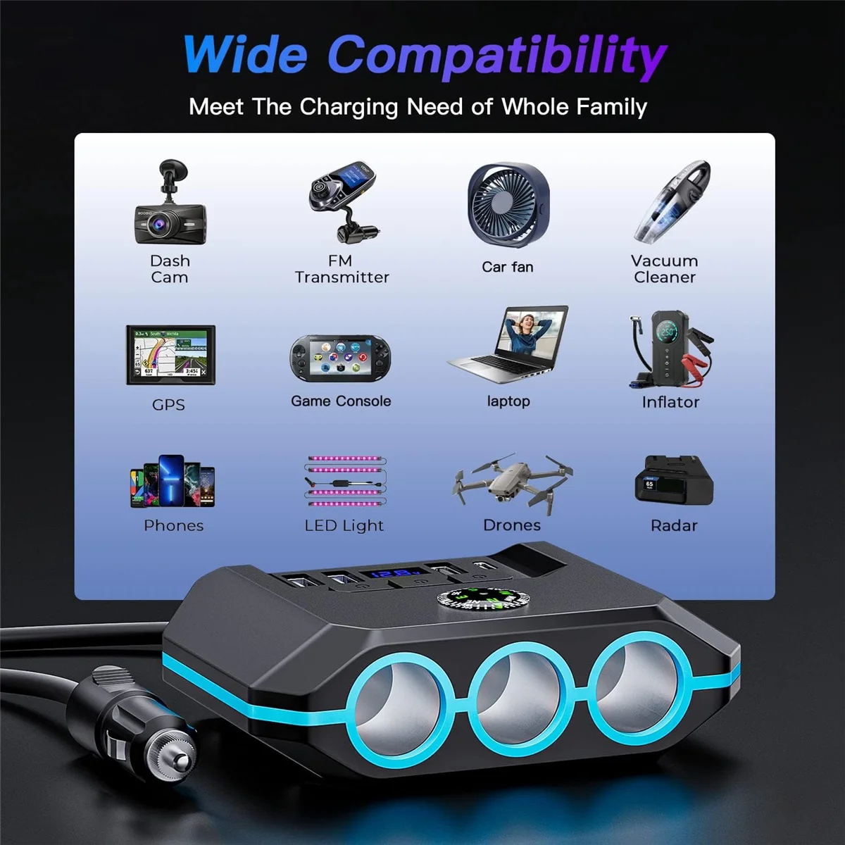 محول فاصل ولاعة سجائر ، شاحن سيارة 7 في 1 ، 4 منافذ USB مع مفتاح ، شاشة عرض جهد ليد لجميع أجهزة السيارة